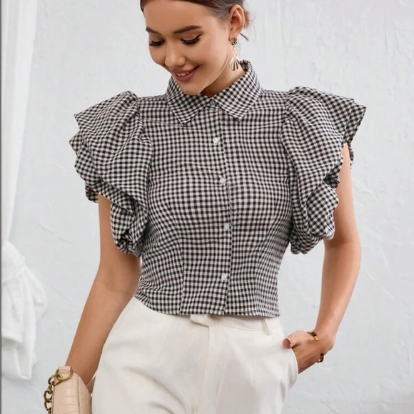 Classic Elegant Gingham Print Butterfly Sleeve Button Down Shirt Top Blouse - Picture 5 of 6